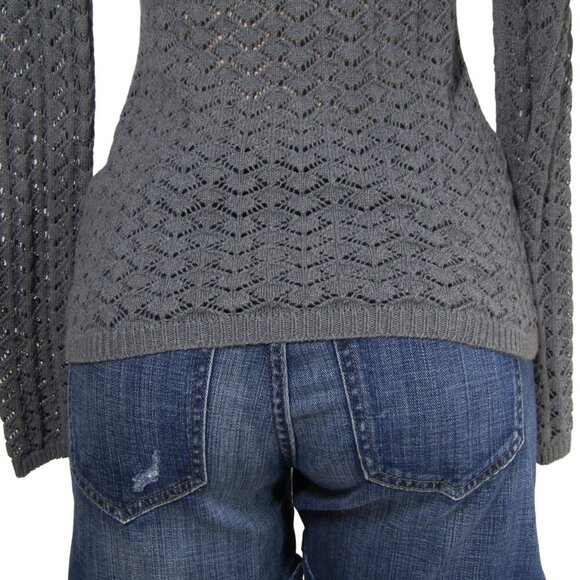 ANN TAYLOR LOFT S P Y2K CROCHET Open Knit Pointelle Henley Sweater Top Gray - Picture 7 of 10